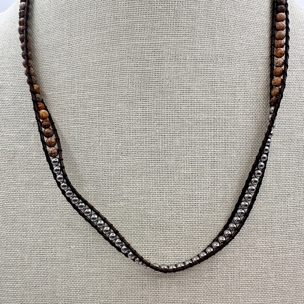 Vintage Y2K Silver Tone Beaded Brown Jasper Leather Wrap Necklace Jewelry Y2K